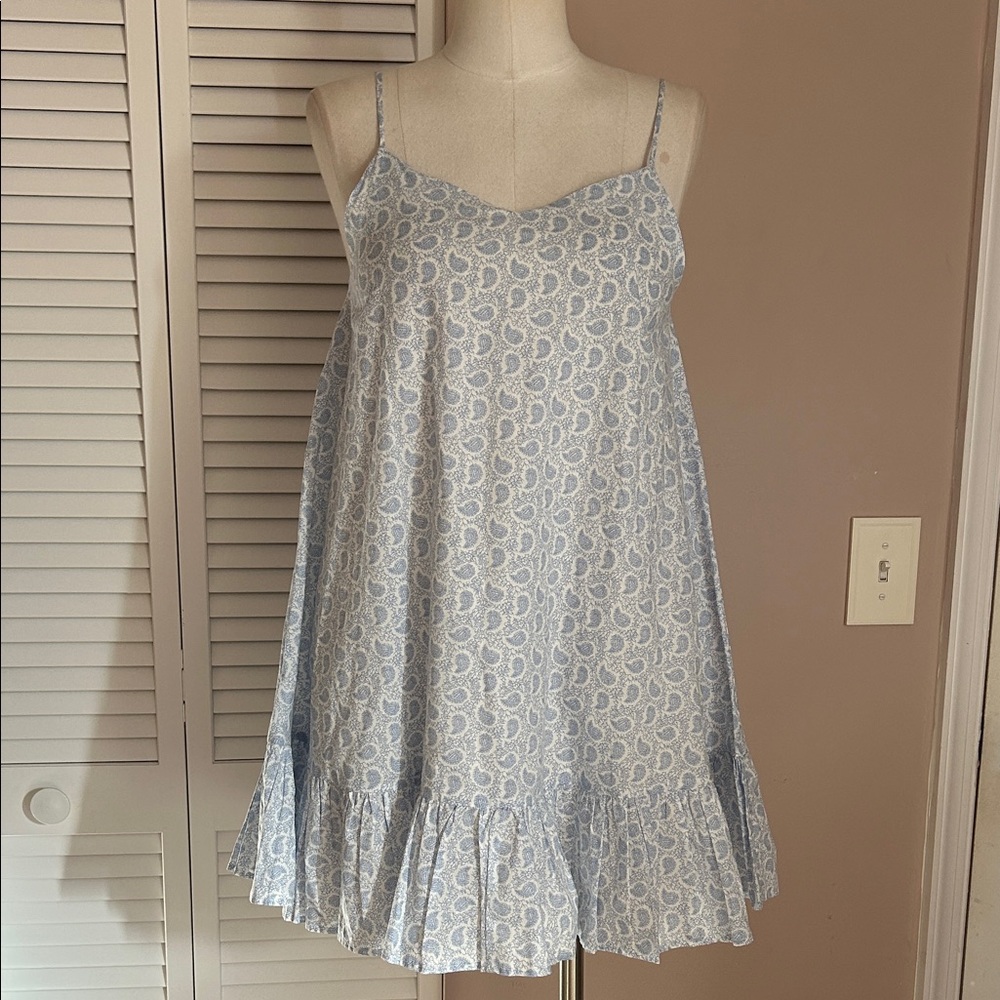 Aqua paisley cotton baby doll mini dress size small blue and white